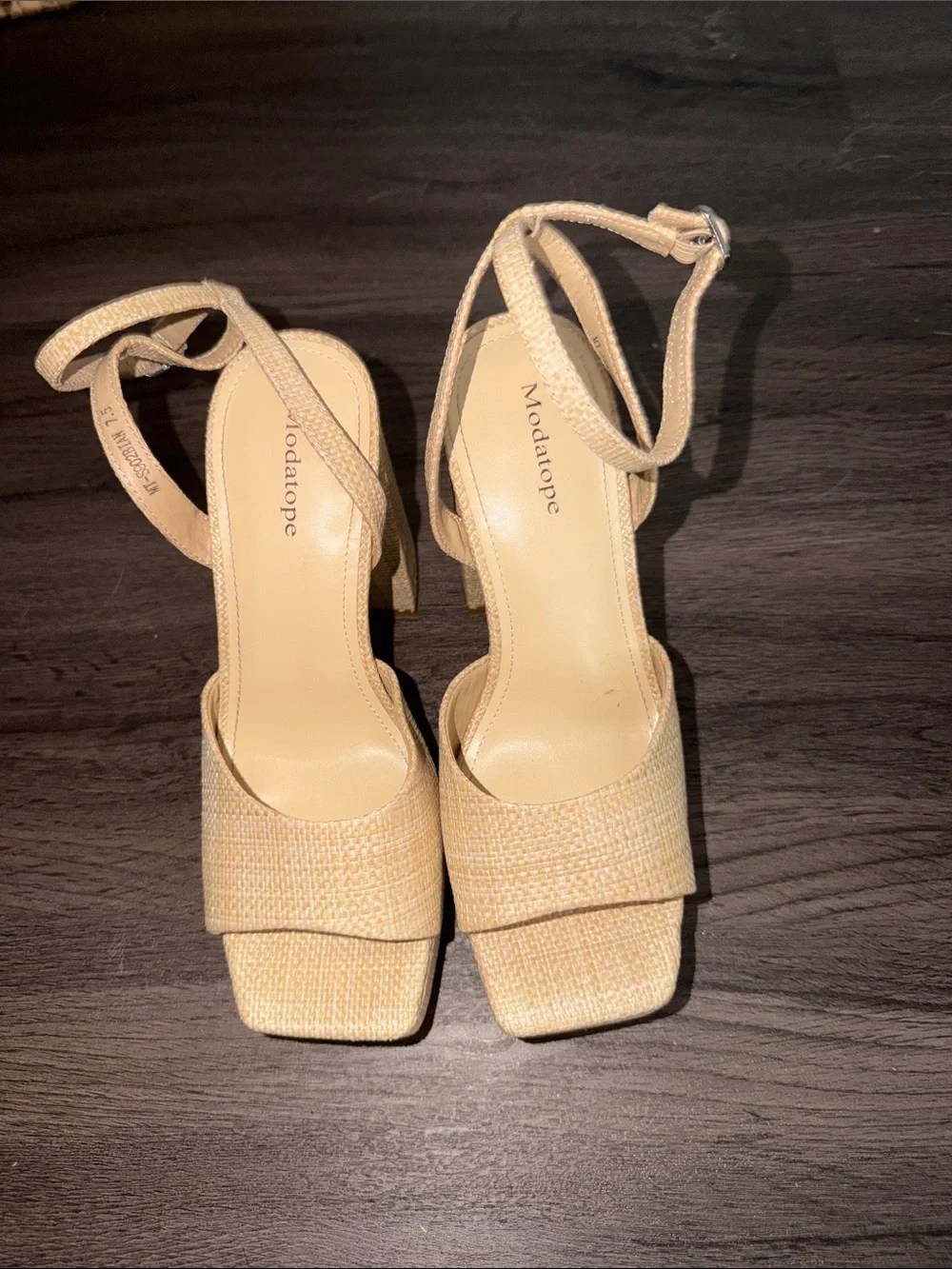 Beige Woven Platform Block Heel Sandals